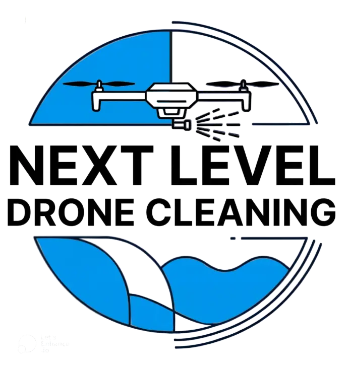 Logo van Next Level Drone Cleaning met drone en blauwe grafische elementen